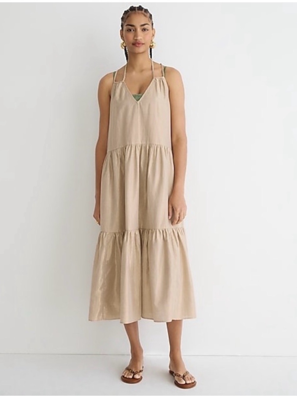 J Crew Gold  Halter Crossback Tiered Midi Sundress